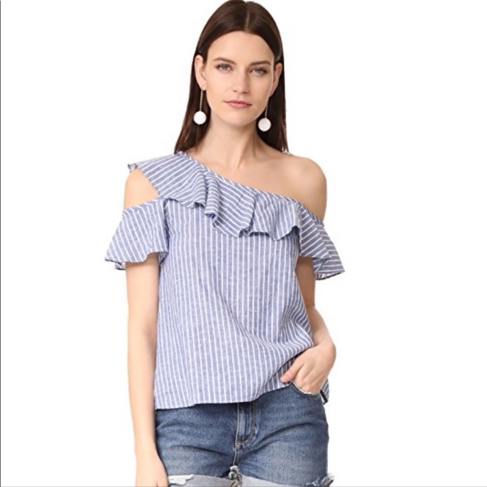 Madewell One Shoulder Linen  Blend Ruffle Stripe Top Sz 2